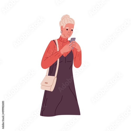 Person holding mobile phone in hands, going outdoors. Woman chatting online, reading message, texting, surfing internet with smartphone. Flat vector illustration isolated on white background