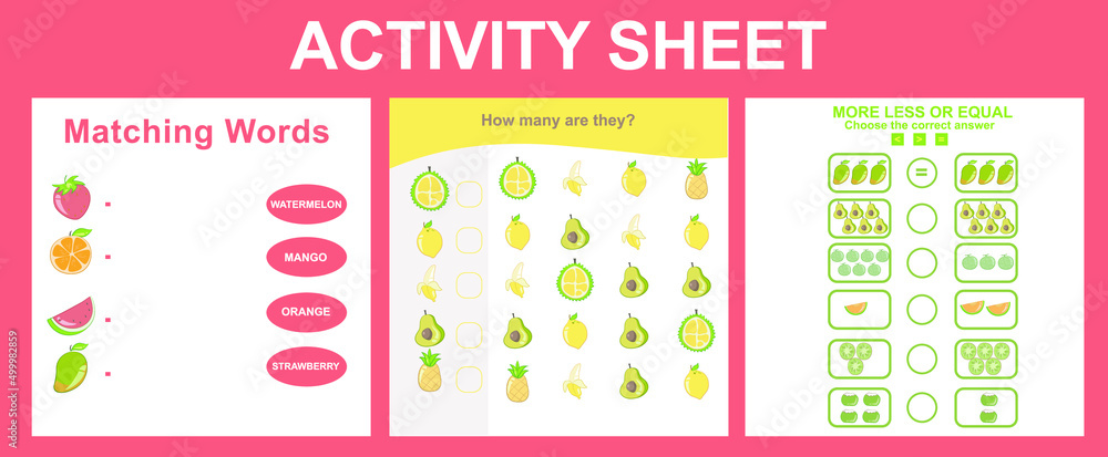 Activity sheet for children. Educational printable worksheet. Fruits worksheet theme. Motor skills education. Vector illustrations.