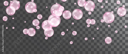 Pink transparent flying bubbles isolated on a transparent checkered background. Effervescent sparkling bubbles. Streams with air bubbles. Vector realistic.