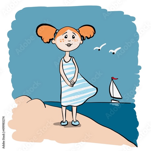 cartoon character - a little girl looks at the sea, standing on the sea beach