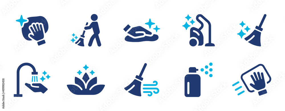 Cleaning icon set. Housekeeping service and Maid cleaner equipment icon collection. Hygiene concept - obrazy, fototapety, plakaty 