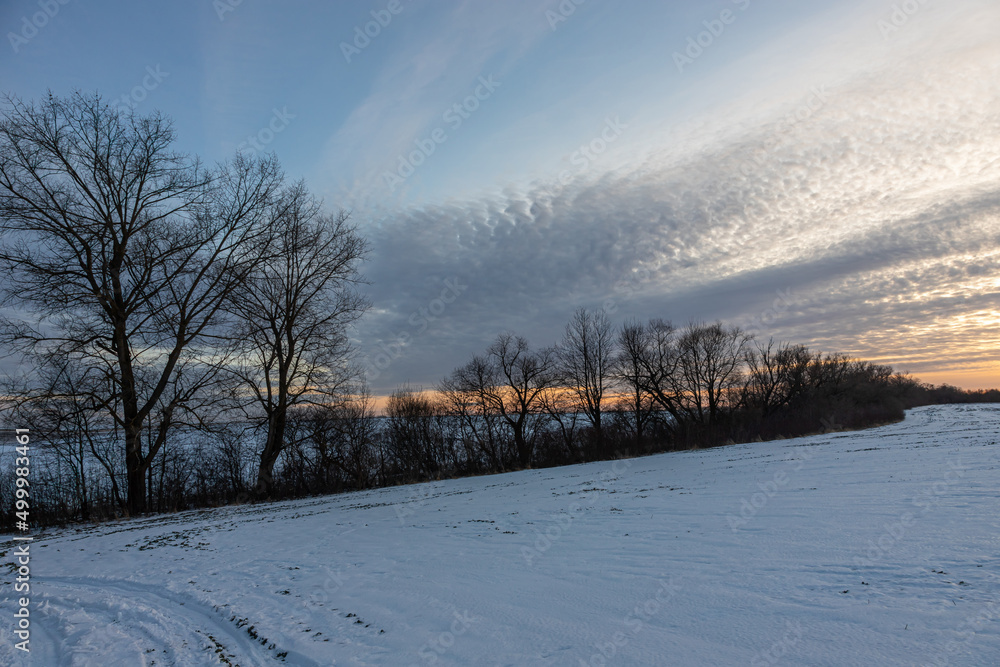 Obraz premium Natural sunset sunrise over field or meadow. The color of the sky over the winter snowy ground. Landscape under a picturesque sky at sunset. Dawn of the sun.