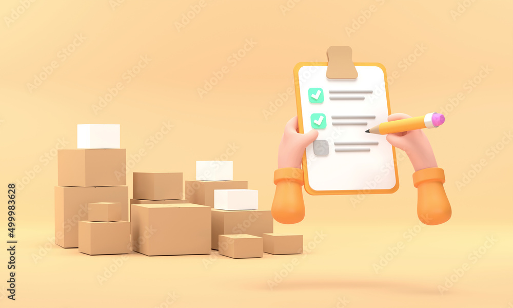 Obraz premium Cartoon hand Close-up of a courier's and hand writing on clipboard