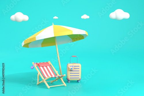 beach sunbed with umbrella, wooden deck chair. Summertime relax. photo