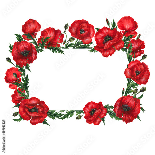Rectangle floral frame: a lot of red poppies flower, green leaves and buds. Template, natural watercolor elements for card poster, invitation with empty place for text