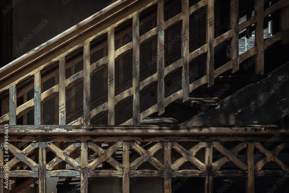 Traditional old wooden railings decorative pattern at old wooden house was left to deteriorate over time. No focus, specifically. Traditional old wooden railings decorative pattern at old wooden house was left to deteriorate over time. No focus, specifically.