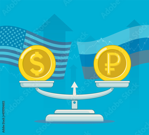 Dollar and ruble coins on the scales