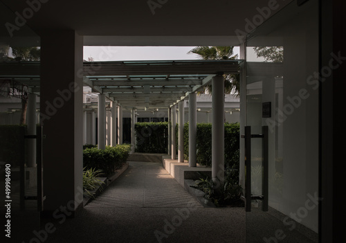 The roof and ceiling of the structure is glass and steel. Perspctive view of The stone floor and white concrete pillars leading to an exterior walkway of a garden. Symmetry and geometry, 