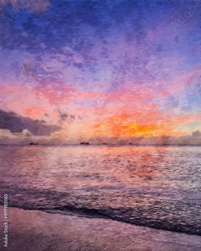 Nature landscape painting in oil pictorial art, famous travel and tourism place, outdoor vacation trend print for poster, paper, textile or canvas. Modern fine arts design wallpaper. Wall art drawing