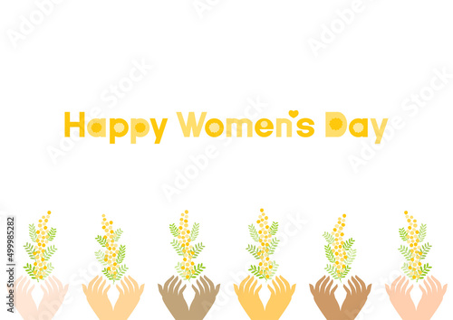 国際女性デーのイラスト: ミモザを持つ様々な人の両手