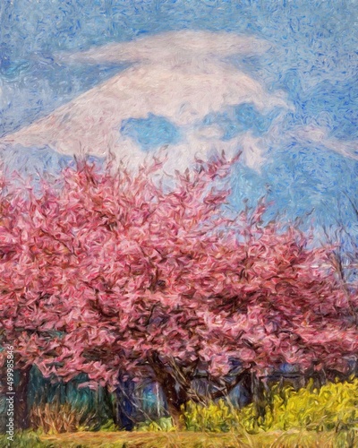 Nature landscape painting in oil pictorial art, famous travel and tourism place, outdoor vacation trend print for poster, paper, textile or canvas. Modern fine arts design wallpaper. Wall art drawing