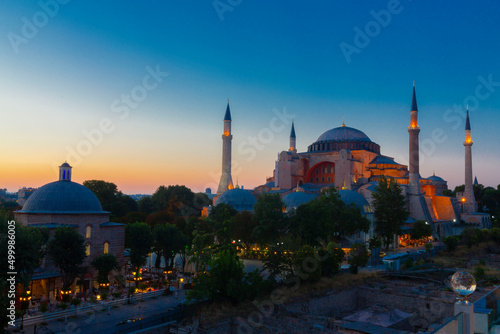 Beautiful view on Hagia Sophia in Istanbul, Turkey from top view at sunset photo