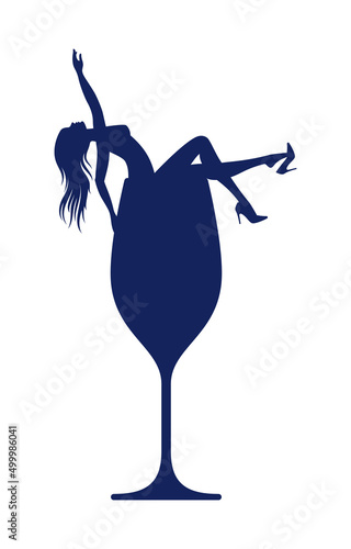 Vector silhouette of a young elegant woman lying in a wine glass. Isolated on white background.