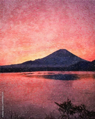 Nature landscape painting in oil pictorial art, famous travel and tourism place, outdoor vacation trend print for poster, paper, textile or canvas. Modern fine arts design wallpaper. Wall art drawing