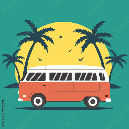 Vintage car on the background of palm trees and the sun. Retro vector illustration. Grunge background. Old design. Retro, vintage style. Hippie print.