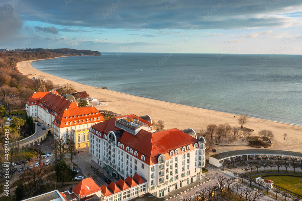 Fototapeta premium Aerial landscape of Sopot city at Baltic sea at sunrise, Poland