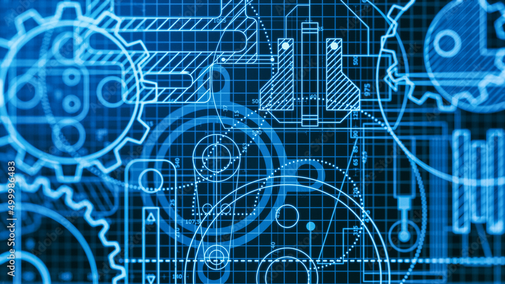 Fototapeta premium mechanical project blueprint, technical documentation, engineering drawing, close-up, front view (3d render)