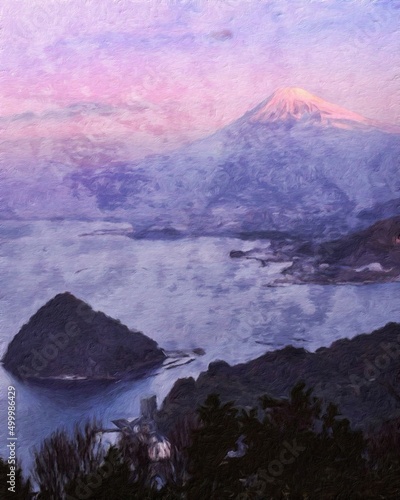 Nature landscape painting in oil pictorial art, famous travel and tourism place, outdoor vacation trend print for poster, paper, textile or canvas. Modern fine arts design wallpaper. Wall art drawing