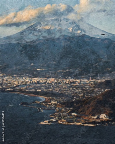 Nature landscape painting in oil pictorial art, famous travel and tourism place, outdoor vacation trend print for poster, paper, textile or canvas. Modern fine arts design wallpaper. Wall art drawing