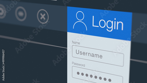 login account, close-up of a computer screen, enter username and password for login (3d render) photo
