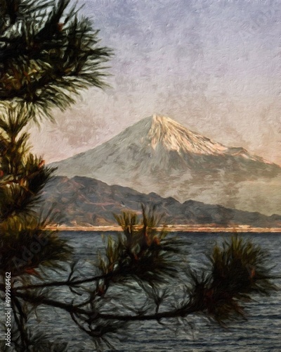 Nature landscape painting in oil pictorial art, famous travel and tourism place, outdoor vacation trend print for poster, paper, textile or canvas. Modern fine arts design wallpaper. Wall art drawing