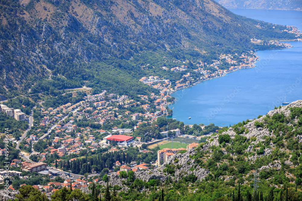 Aerial view of Kotor and Kotor bay on summer day