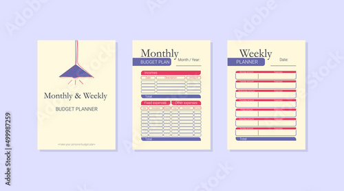 Monthly, weekly budget planner. Planner cover. Format A4. Business management logbook. Task planner checklist. Vector graphic set for budget organization.