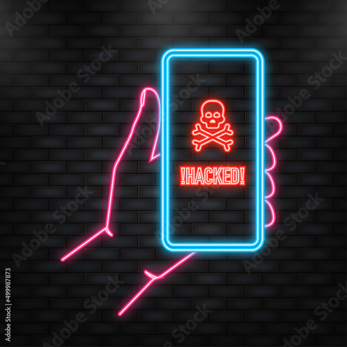 Neon Icon. Hacked, great design for any purposes. Internet technology. Cyber crime, hacker attack. Phishing scam.