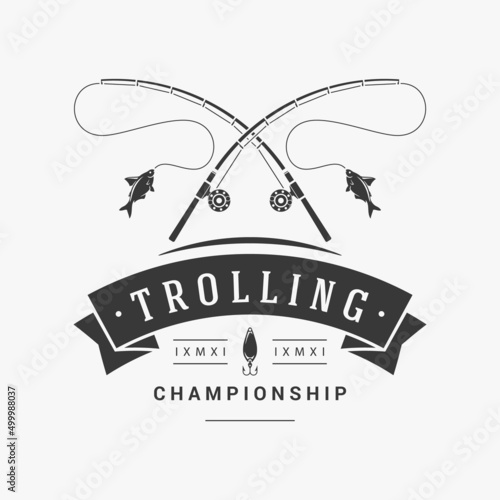 Monochrome crossed fishing rods with catching fish textured vintage logo vector illustration. Hunting sport recreational hobby minimalist retro emblem design. Wildlife leisure outdoor activity
