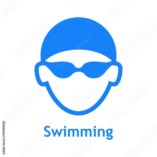 Logo con texto Swimming. Icono plano con silueta de cabeza de nadador con sombrero de natación y gafas protectoras en color azul
