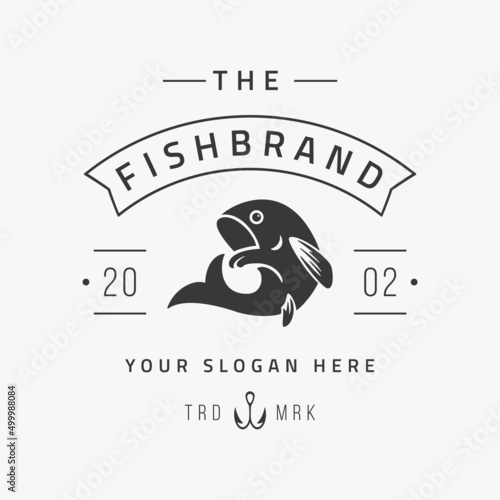 Wild perch with open mouth vintage textured minimalist logo with place for text vector illustration. Fishing hunting insignia retro emblem template monochrome sport hobby branding identification