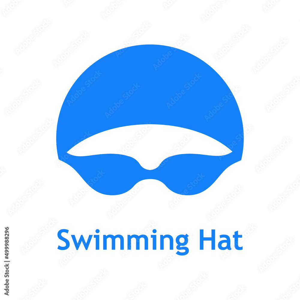 Logo con texto Swimming Hat. Icono plano con silueta de cabeza de nadador con sombrero de natación y gafas protectoras en color azul Logo con texto Swimming Hat. Icono plano con silueta de cabeza de nadador con sombrero de natación y gafas protectoras en color azul