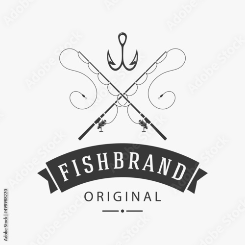 Minimalist two crossed fishing rods with hook lure decorative vintage textured logo vector illustration. Monochrome fish catching hunting society leisure hobby emblem retro design with place for text