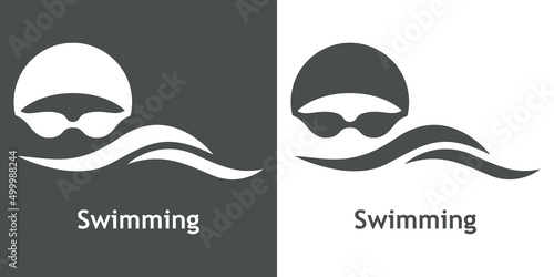 Logo con texto Swimming. Icono plano con silueta de cabeza de nadador con sombrero de natación y gafas protectoras con olas en fondo gris y fondo blanco