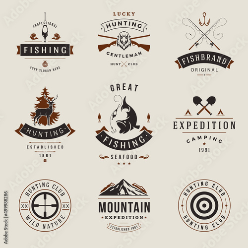 Collection vintage decorative hunting hobby logo with place for text vector illustration. Set retro emblem template wild animals and birds fishing tourism camping expedition outdoor leisure activity