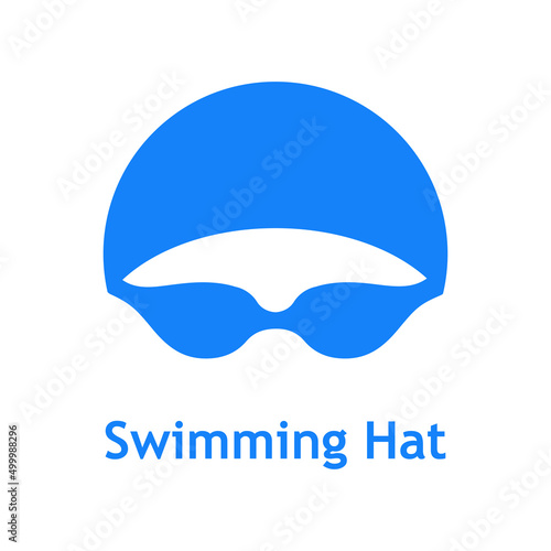 Logo con texto Swimming Hat. Icono plano con silueta de cabeza de nadador con sombrero de natación y gafas protectoras en color azul