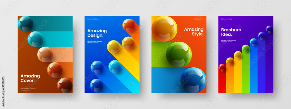 Bright journal cover design vector illustration composition. Abstract 3D balls poster template collection.