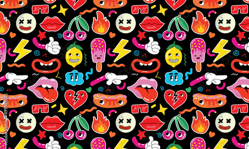 Seamless pattern with stickers with funny cartoon characters. Big set of comic elements in trendy retro cartoon style.