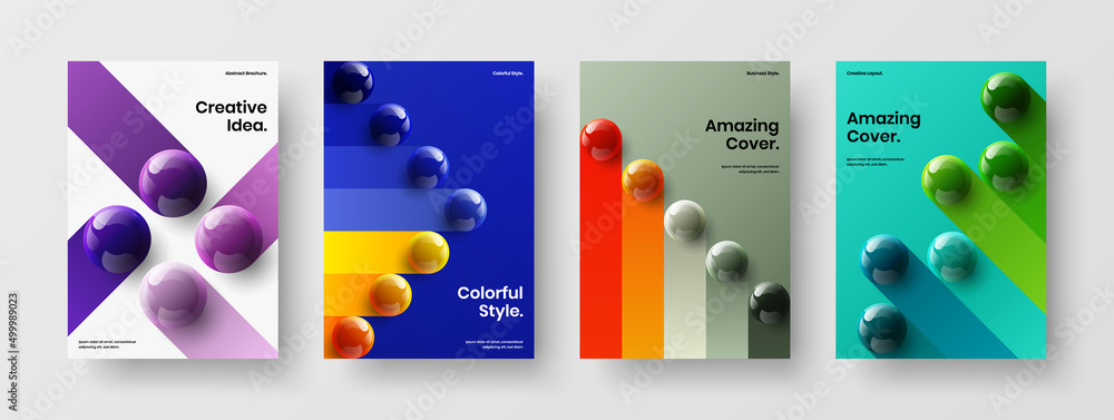 Geometric corporate brochure A4 design vector concept set. Minimalistic realistic spheres flyer layout bundle.