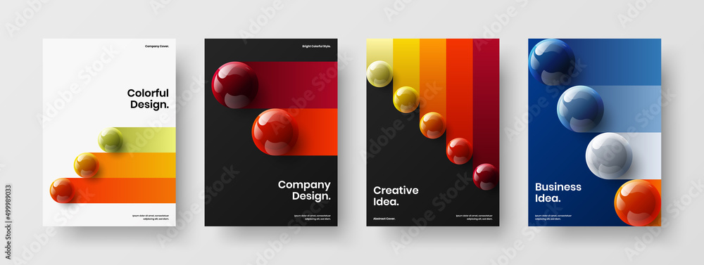 Geometric cover A4 vector design template collection. Vivid 3D spheres corporate brochure layout bundle.
