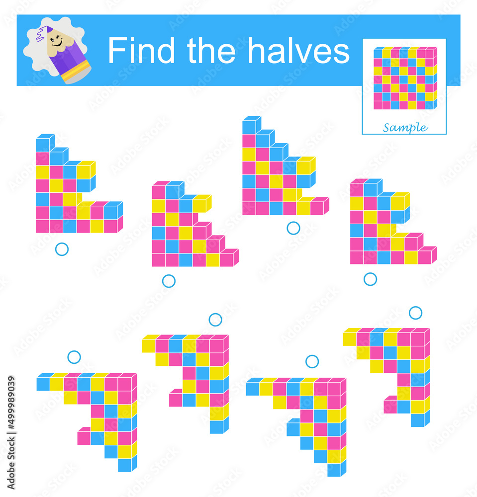 Logıc puzzle. Fınd the halves of cubes. Educational material for kids. Vector illustration Logıc puzzle. Fınd the halves of cubes. Educational material for kids. Vector illustration