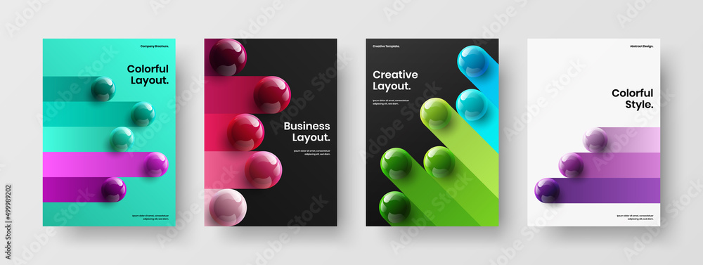 Bright company brochure vector design concept composition. Modern 3D balls poster template collection.