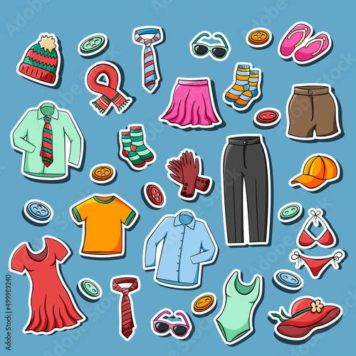 Hand drawn stickers set of clothes and accessories in doodle sketch style. Vector illustration for icon, background, frame design.