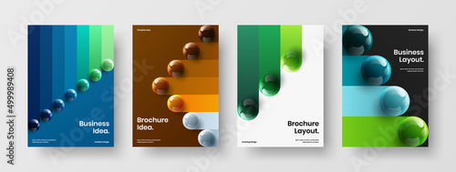 Unique realistic balls presentation template collection. Abstract poster A4 design vector concept bundle.