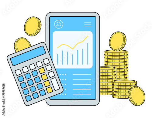 スマートフォンでお金の管理や計算をするイラスト. ファイナンシャルプランのコンセプトデザイン. 線画, アウトラインあり.