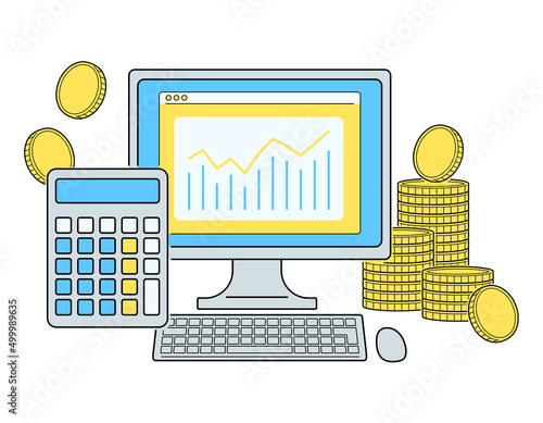 デジタルでお金の管理や計算をするイラスト. 経理や資産運用をコンセプトにしたデザイン. 線画, アウトラインあり.
