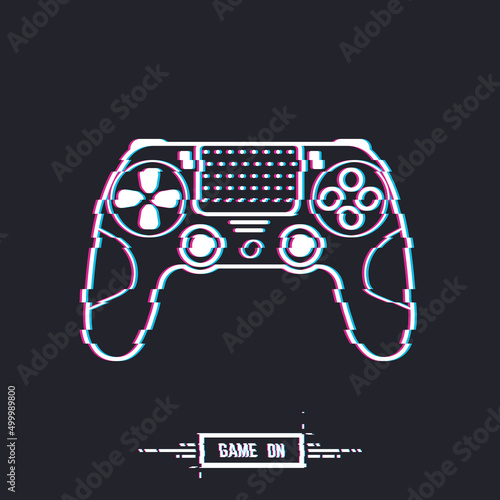 Video game game pad or joystick outline banner. Glitch and distortion blurry effect. Console gamepad banner on black background. Vector illustration for t-shirt prints and other.