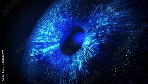 Abstract blue light explosion that expands in space forming a human eye. Concept of technological vision or artificial intelligence control. Digital futuristic Iris background.God's moment of creation photo