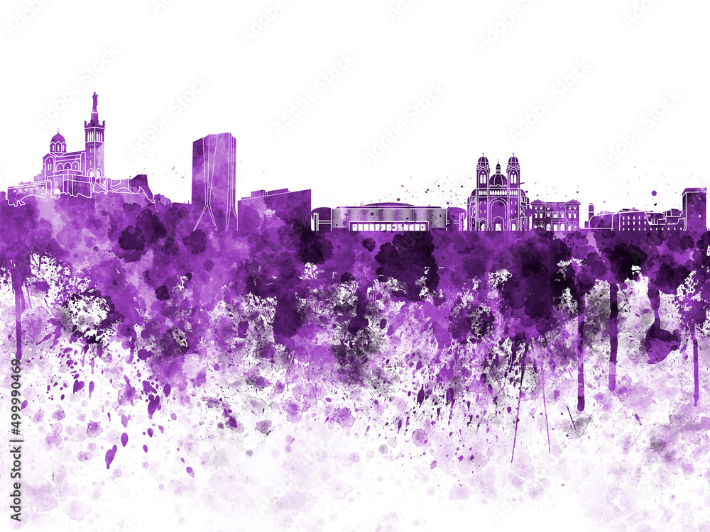 Marseilles skyline in purple watercolor on white background