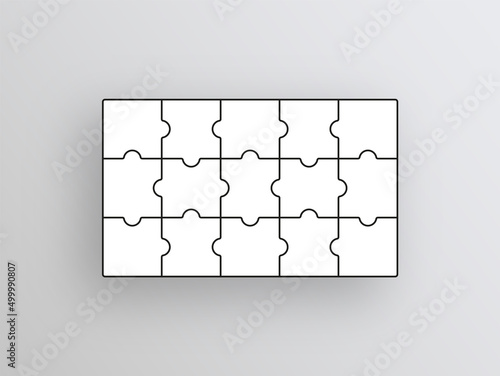 Puzzle pieces. Jigsaw grid. Thinking mosaic game with 15 shapes on background. Puzzle layout with separate details. Laser cut frame. Paper leisure toy. Vector illustration.